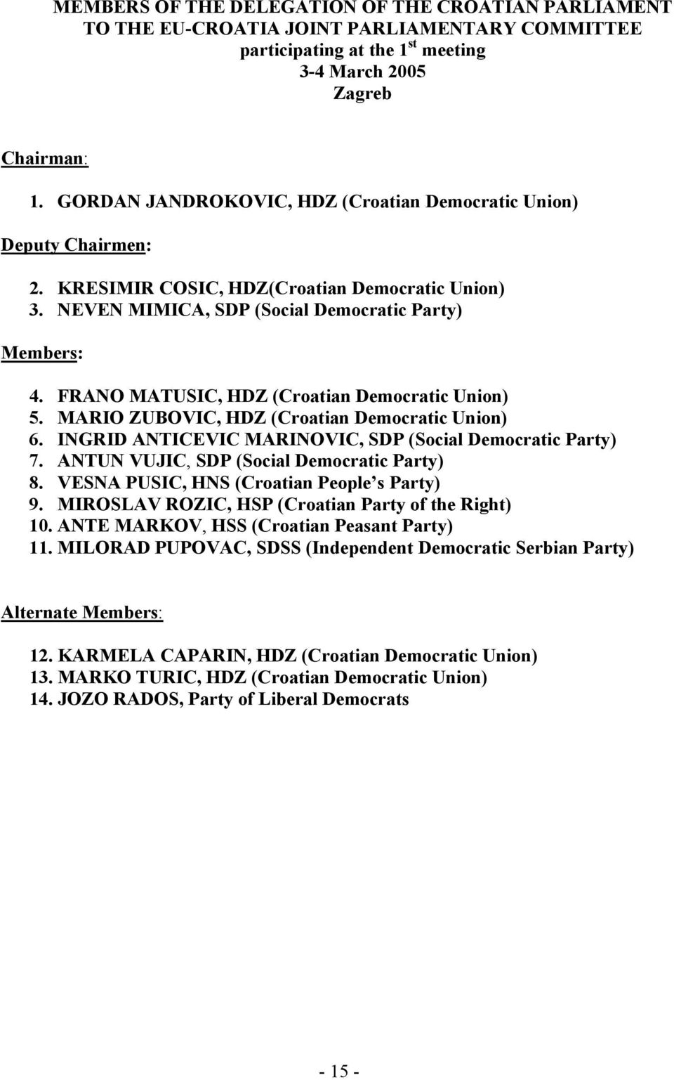 FRANO MATUSIC, HDZ (Croatian Democratic Union) 5. MARIO ZUBOVIC, HDZ (Croatian Democratic Union) 6. INGRID ANTICEVIC MARINOVIC, SDP (Social Democratic Party) 7.