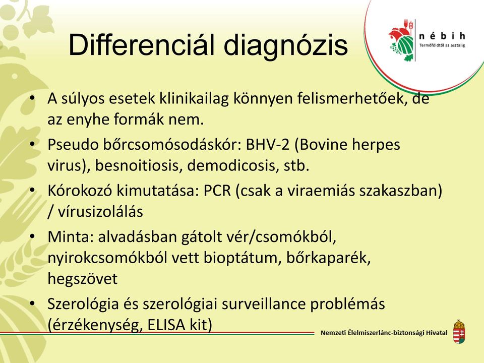 Kórokozó kimutatása: PCR (csak a viraemiás szakaszban) / vírusizolálás Minta: alvadásban gátolt