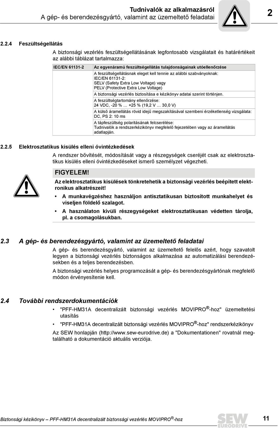 tulajdonságainak utóellenőrzése A feszültségellátásnak eleget kell tennie az alábbi szabványoknak: IEC/EN 61131-2: SELV (Safety Extra Low Voltage) vagy PELV (Protective Extra Low Voltage) A