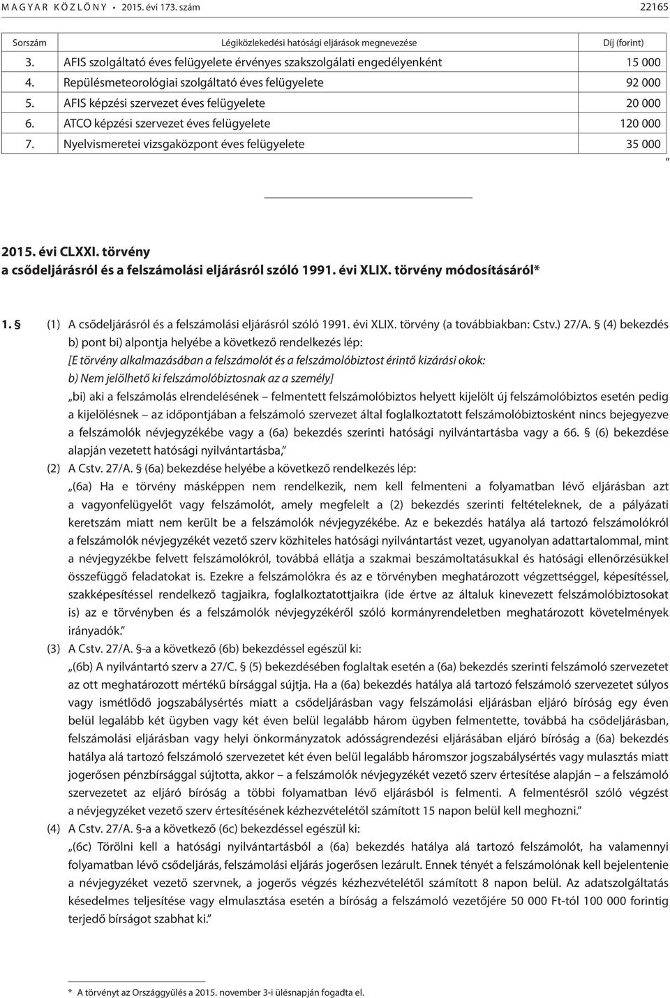 ATCO képzési szervezet éves felügyelete 120 000 7. Nyelvismeretei vizsgaközpont éves felügyelete 35 000 2015. évi CLXXI. törvény a csődeljárásról és a felszámolási eljárásról szóló 1991. évi XLIX.