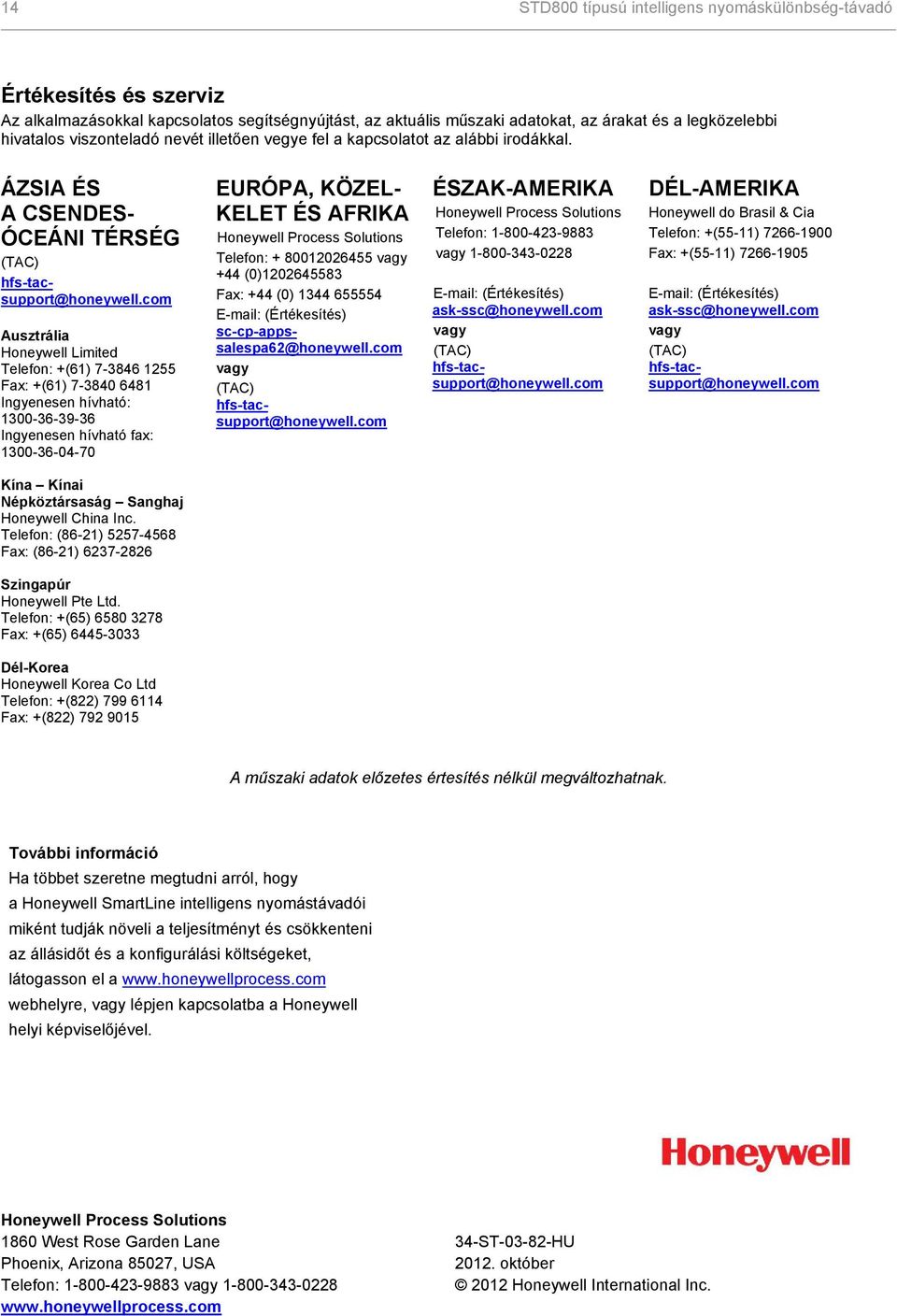 com Ausztrália Honeywell Limited Telefon: +(61) 7-3846 1255 Fax: +(61) 7-3840 6481 Ingyenesen hívható: 1300-36-39-36 Ingyenesen hívható fax: 1300-36-04-70 EURÓPA, KÖZEL- KELET ÉS AFRIKA Honeywell