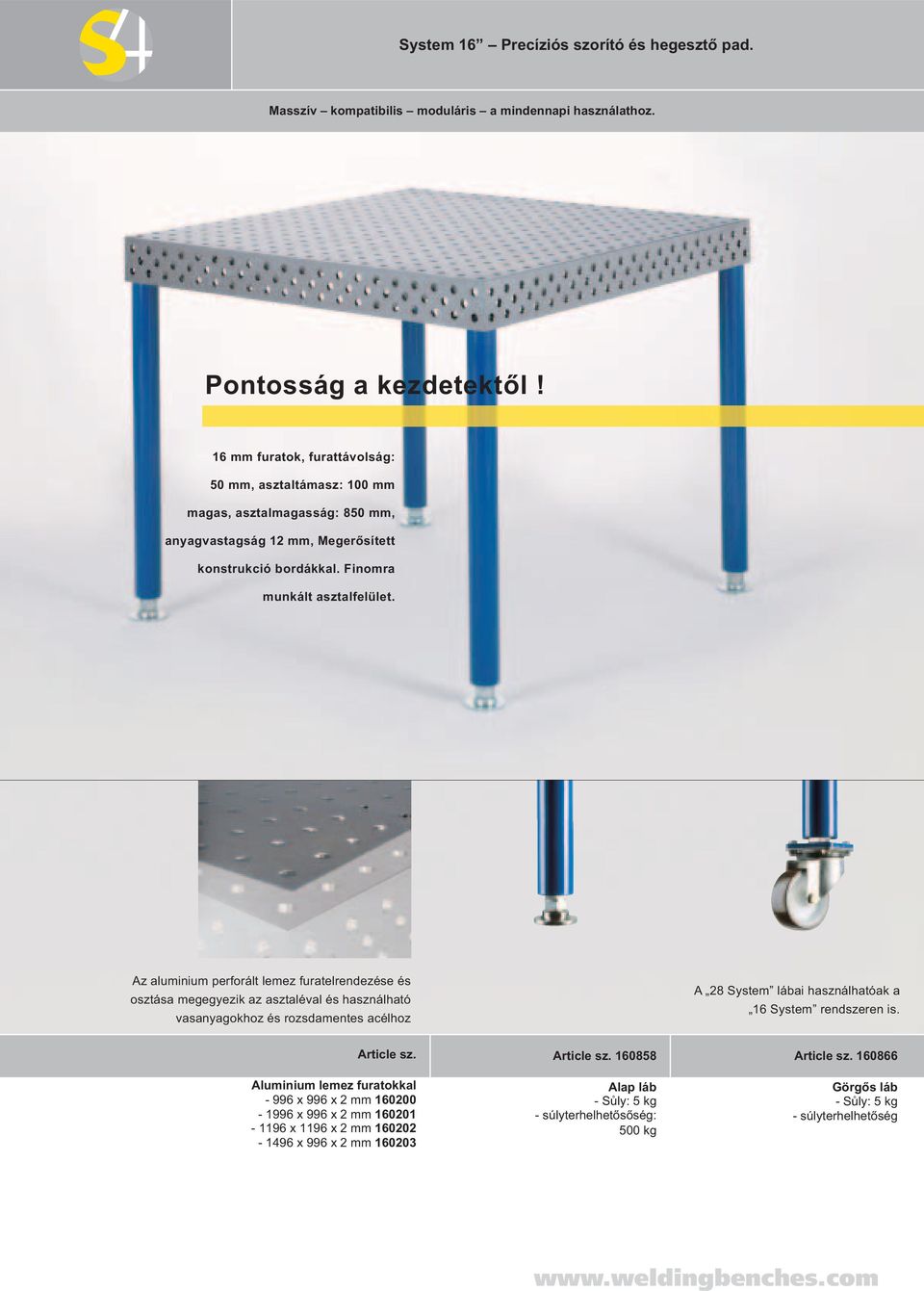 Az aluminium perforált lemez furatelrendezése és osztása megegyezik az asztaléval és használható vasanyagokhoz és rozsdamentes acélhoz A 28 System lábai használhatóak a 16 System rendszeren