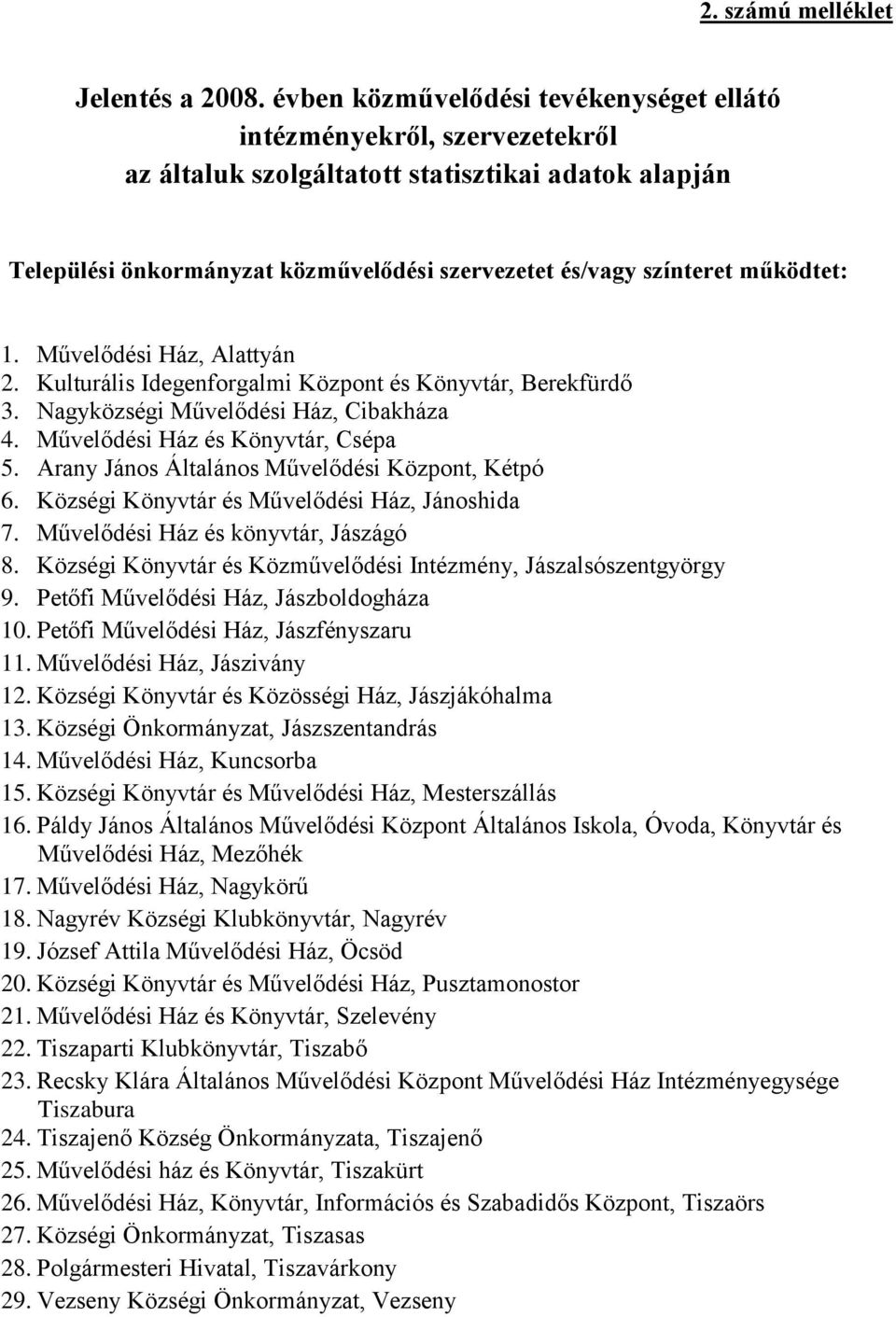 működtet: 1. Művelődési Ház, Alattyán 2. Kulturális Idegenforgalmi Központ és Könyvtár, Berekfürdő 3. Nagyközségi Művelődési Ház, Cibakháza 4. Művelődési Ház és Könyvtár, Csépa 5.