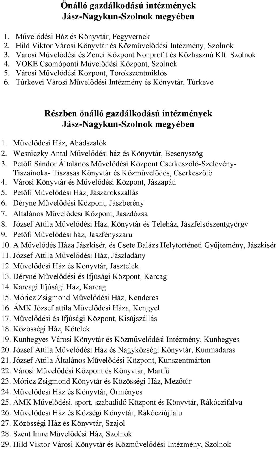 Túrkevei Városi Művelődési Intézmény és Könyvtár, Túrkeve Részben önálló gazdálkodású intézmények Jász-Nagykun-Szolnok megyében 1. Művelődési Ház, Abádszalók 2.