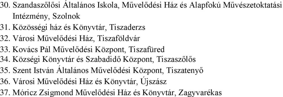 Kovács Pál Művelődési Központ, Tiszafüred 34. Községi Könyvtár és Szabadidő Központ, Tiszaszőlős 35.