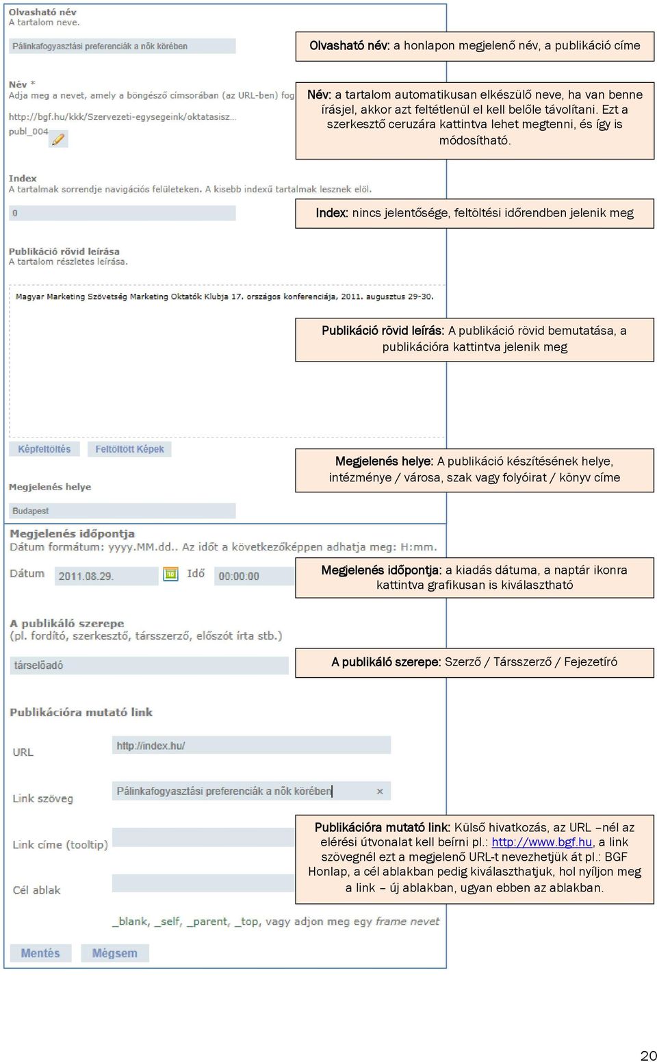 Index: nincs jelentősége, feltöltési időrendben jelenik meg Publikáció rövid leírás: A publikáció rövid bemutatása, a publikációra kattintva jelenik meg Megjelenés helye: A publikáció készítésének