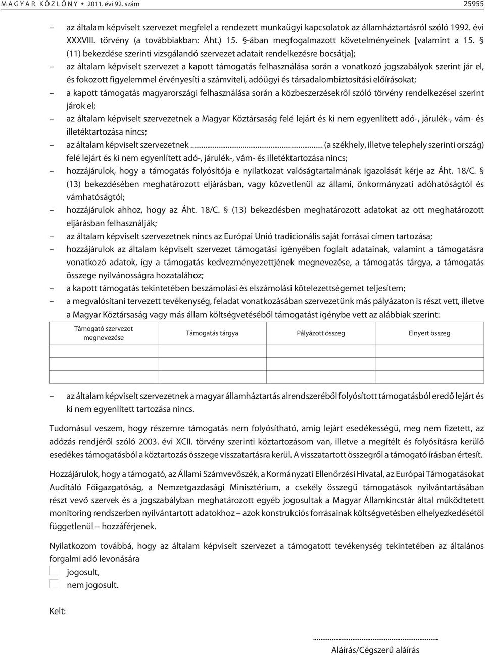 (11) bekezdése szerinti vizsgálandó szervezet adatait rendelkezésre bocsátja]; az általam képviselt szervezet a kapott támogatás felhasználása során a vonatkozó jogszabályok szerint jár el, és