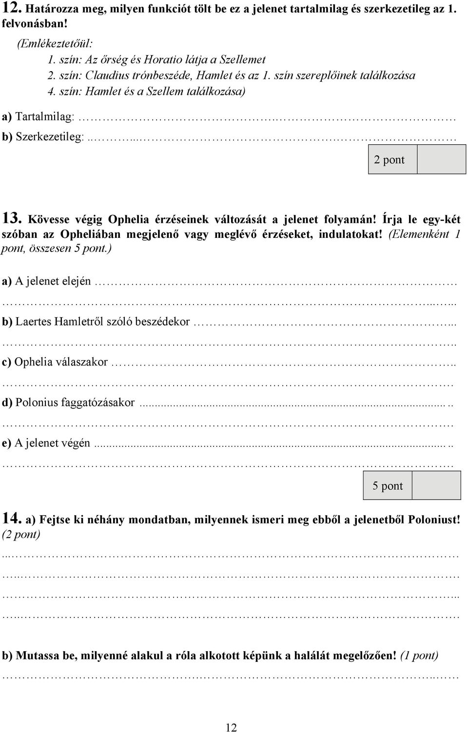 Kövesse végig Ophelia érzéseinek változását a jelenet folyamán! Írja le egy-két szóban az Opheliában megjelenő vagy meglévő érzéseket, indulatokat! (Elemenként 1 pont, összesen 5 pont.