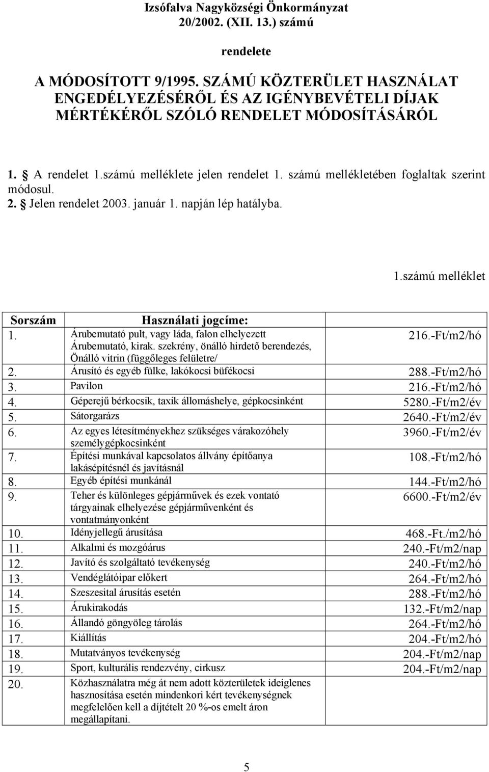 számú mellékletében foglaltak szerint módosul. 2. Jelen rendelet 2003. január 1. napján lép hatályba. 1.számú melléklet Sorszám Használati jogcíme: 1.