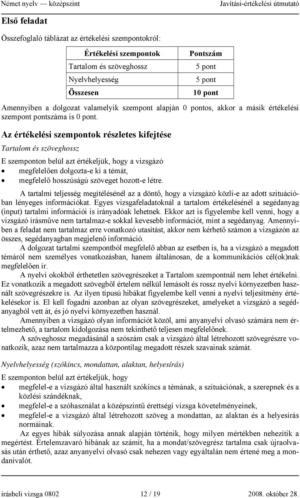 Az értékelési szempontok részletes kifejtése Tartalom és szöveghossz E szemponton belül azt értékeljük, hogy a vizsgázó megfelelően dolgozta-e ki a témát, megfelelő hosszúságú szöveget hozott-e létre.