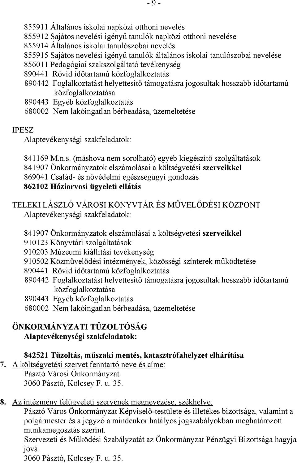 hosszabb időtartamú közfoglalkoztatása 890443 Egyéb közfoglalkoztatás 680002 Nem lakóingatlan bérbeadása, üzemeltetése IPESZ 841169 M.n.s. (máshova nem sorolható) egyéb kiegészítő szolgáltatások