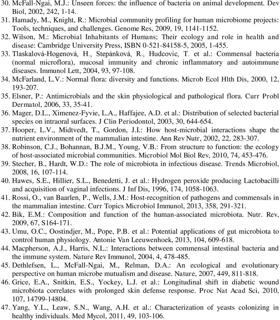 : Microbial Inhabitants of Humans; Their ecology and role in health and disease: Cambridge University Press, ISBN 0-521-84158-5, 2005, 1-455. 33. Tlaskalová-Hogenová, H., Stepánková, R., Hudcovic, T.