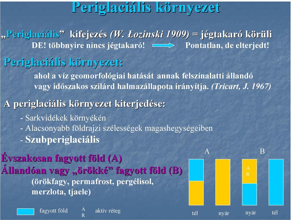 1967) A periglaciális lis környezet k kiterjedése: - Sarkvidékek környékén - Alacsonyabb földrajzi szélességek magashegységeiben - Szubperiglaciális A