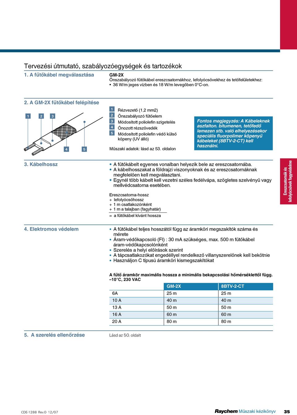 A GM-2X fűtőkábel felépítése 1 2 3 4 1 Rézvezető (1,2 mm2) 2 Önszabályozó fűtőelem 3 Módosított poliolefin szigetelés 4 Ónozott rézszövedék Módosított poliolefin védő külső köpeny (UV álló) Műszaki