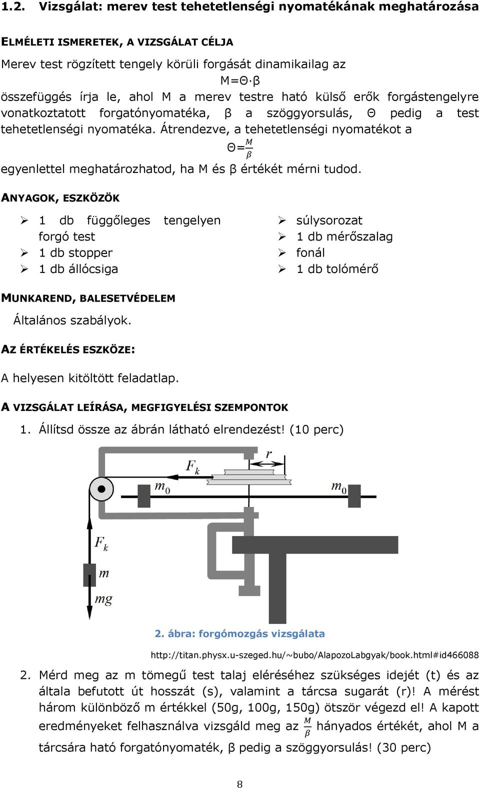 Átrendezve, a tehetetlenségi nyomatékot a Θ= M β egyenlettel meghatározhatod, ha M és β értékét mérni tudod.