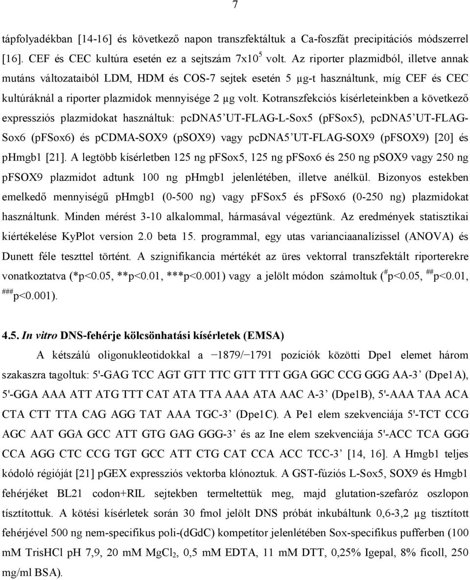 Kotranszfekciós kísérleteinkben a következő expressziós plazmidokat használtuk: pcdna5 UT-FLAG-L-Sox5 (pfsox5), pcdna5 UT-FLAG- Sox6 (pfsox6) és pcdma-sox9 (psox9) vagy pcdna5 UT-FLAG-SOX9 (pfsox9)
