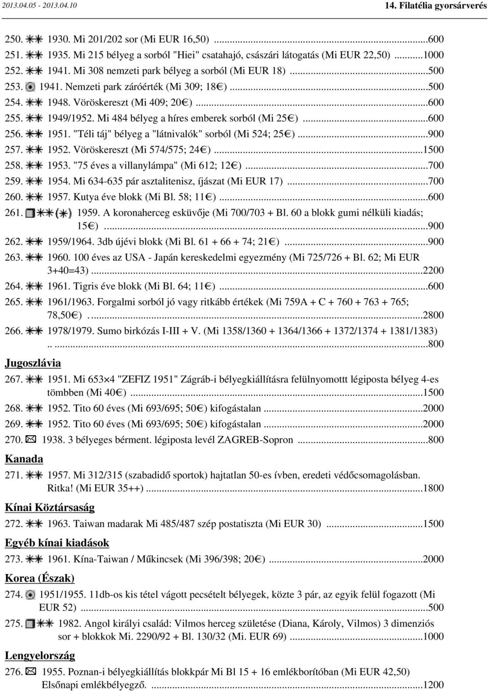"Téli táj" bélyeg a "látnivalók" sorból (Mi 524; 25 )...900 257. 1952. Vöröskereszt (Mi 574/575; 24 )...1500 258. 1953. "75 éves a villanylámpa" (Mi 612; 12 )...700 259. 1954.