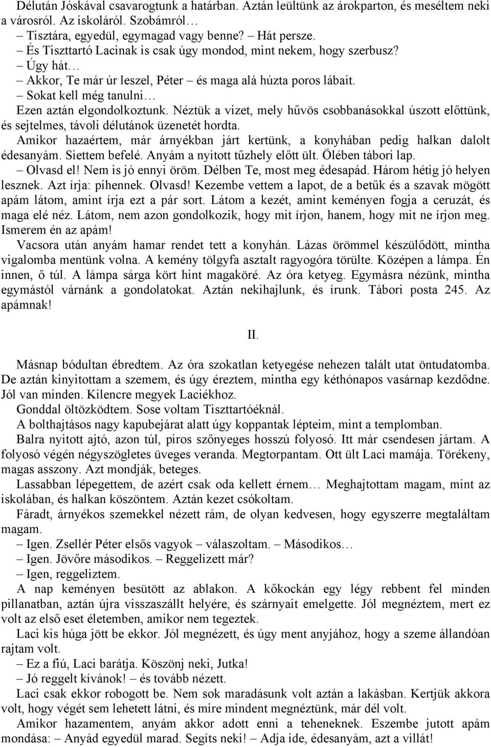 Néztük a vizet, mely hűvös csobbanásokkal úszott előttünk, és sejtelmes, távoli délutánok üzenetét hordta. Amikor hazaértem, már árnyékban járt kertünk, a konyhában pedig halkan dalolt édesanyám.