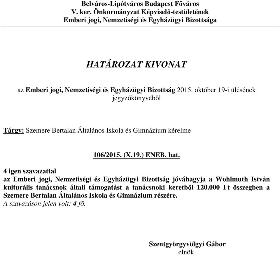 Wohlmuth István kulturális tanácsnok általi támogatást a tanácsnoki keretből 120.