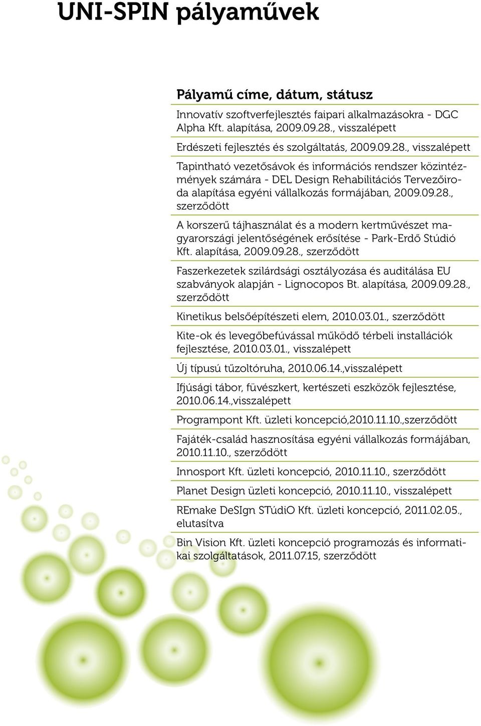 alapítása, 2009.09.28., szerződött Faszerkezetek szilárdsági osztályozása és auditálása EU szabványok alapján - Lignocopos Bt. alapítása, 2009.09.28., szerződött Kinetikus belsőépítészeti elem, 2010.