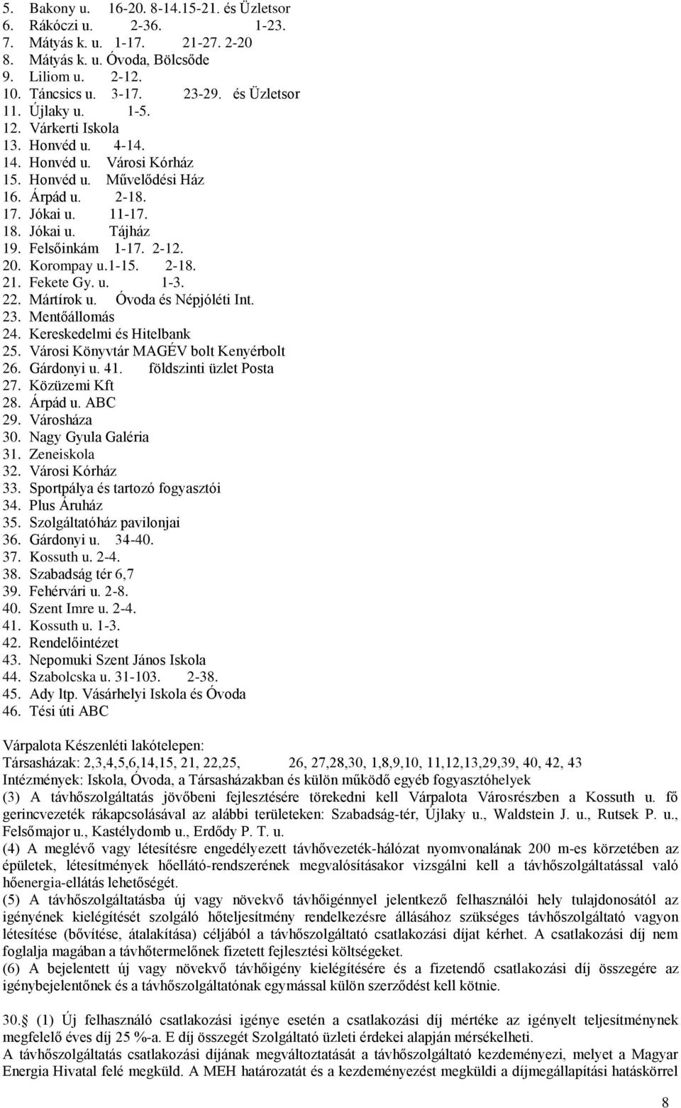 20. Korompay u.1-15. 2-18. 21. Fekete Gy. u. 1-3. 22. Mártírok u. Óvoda és Népjóléti Int. 23. Mentőállomás 24. Kereskedelmi és Hitelbank 25. Városi Könyvtár MAGÉV bolt Kenyérbolt 26. Gárdonyi u. 41.