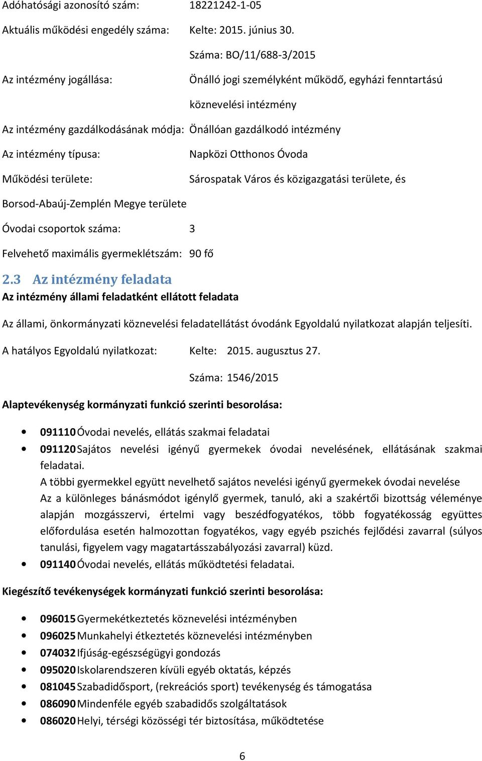 intézmény típusa: Működési területe: Napközi Otthonos Óvoda Sárospatak Város és közigazgatási területe, és Borsod-Abaúj-Zemplén Megye területe Óvodai csoportok száma: 3 Felvehető maximális