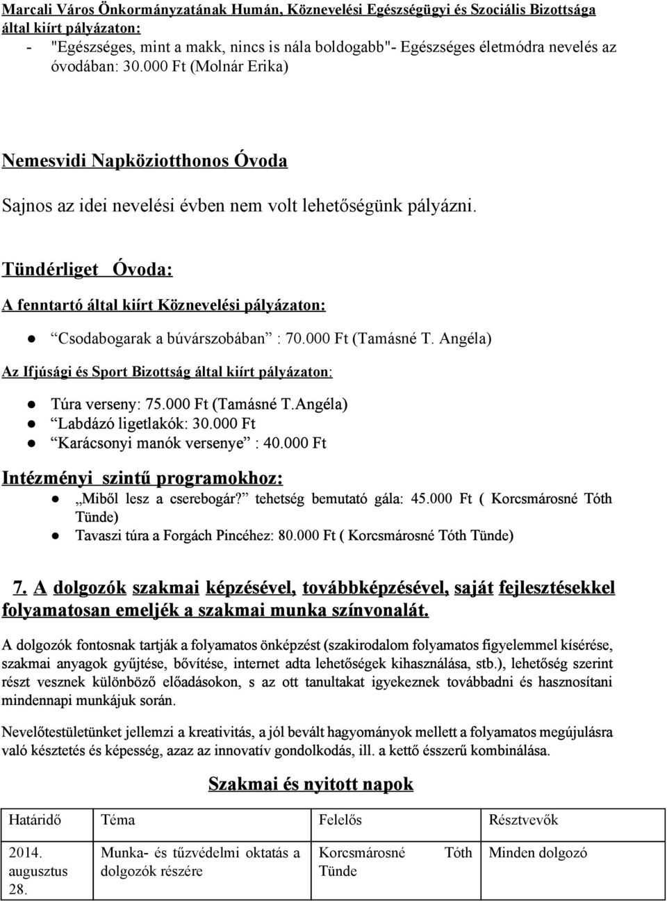 Tündérliget Óvoda: A fenntartó által kiírt Köznevelési pályázaton: Csodabogarak a búvárszobában : 70.000 Ft (Tamásné T.