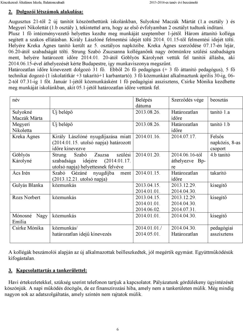 Három áttanító kolléga segített a szakos ellátásban. Király Lászlóné felmentési idejét tölti 2014. 01.15-től felmentési idejét tölti. Helyére Kreka Ágnes tanító került az 5. osztályos napközibe.