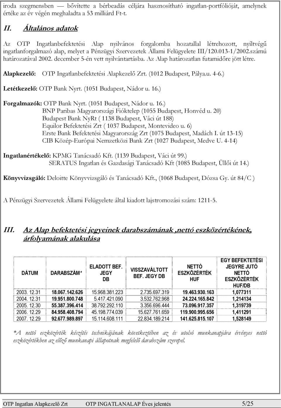 számú határozatával 2002. december 5én vett nyilvántartásba. Az Alap határozatlan futamidőre jött létre. Alapkezelő: OTP Ingatlanbefektetési Alapkezelő Zrt. (1012 Budapest, Pálya.u. 46.