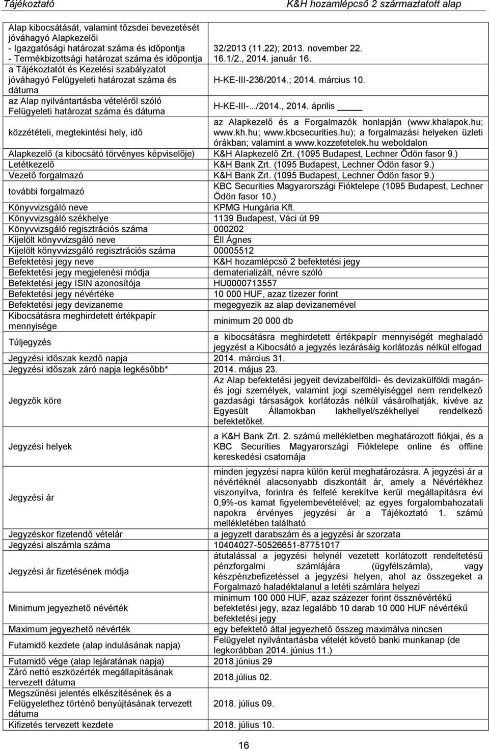 november 22. 16.1/2., 2014. január 16. H-KE-III-236/2014.; 2014. március 10. H-KE-III-.../2014., 2014. április az Alapkezelő és a Forgalmazók honlapján (www.khalapok.hu; www.kh.hu; www.kbcsecurities.