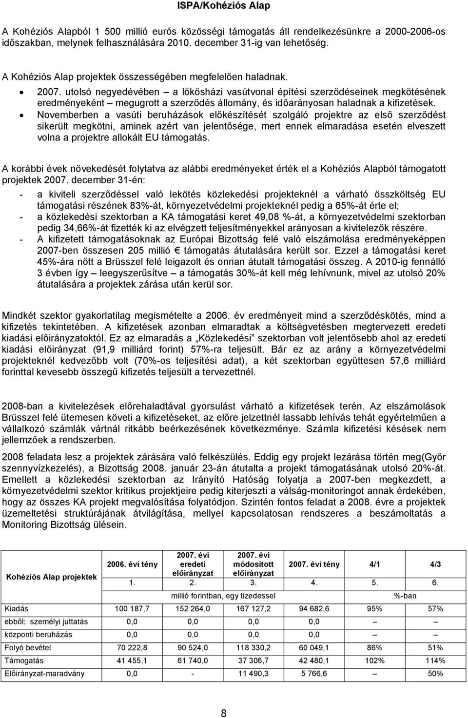 utolsó negyedévében a lökösházi vasútvonal építési szerződéseinek megkötésének eredményeként megugrott a szerződés állomány, és időarányosan haladnak a kifizetések.