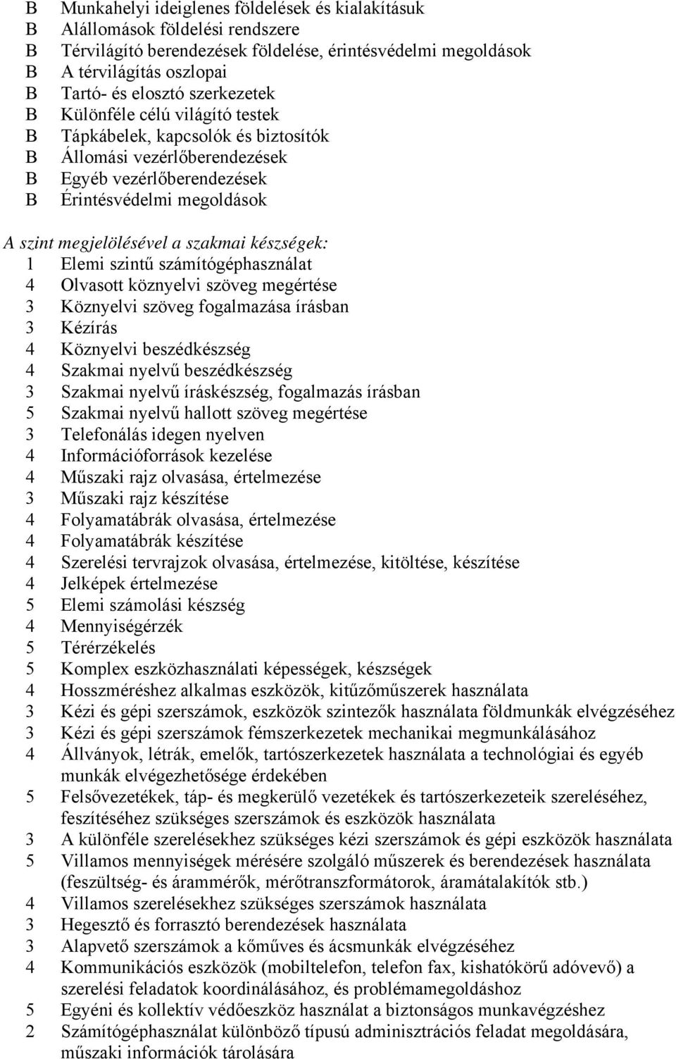 szintű számítógéphasználat 4 Olvasott köznyelvi szöveg megértése 3 Köznyelvi szöveg fogalmazása írásban 3 Kézírás 4 Köznyelvi beszédkészség 4 Szakmai nyelvű beszédkészség 3 Szakmai nyelvű