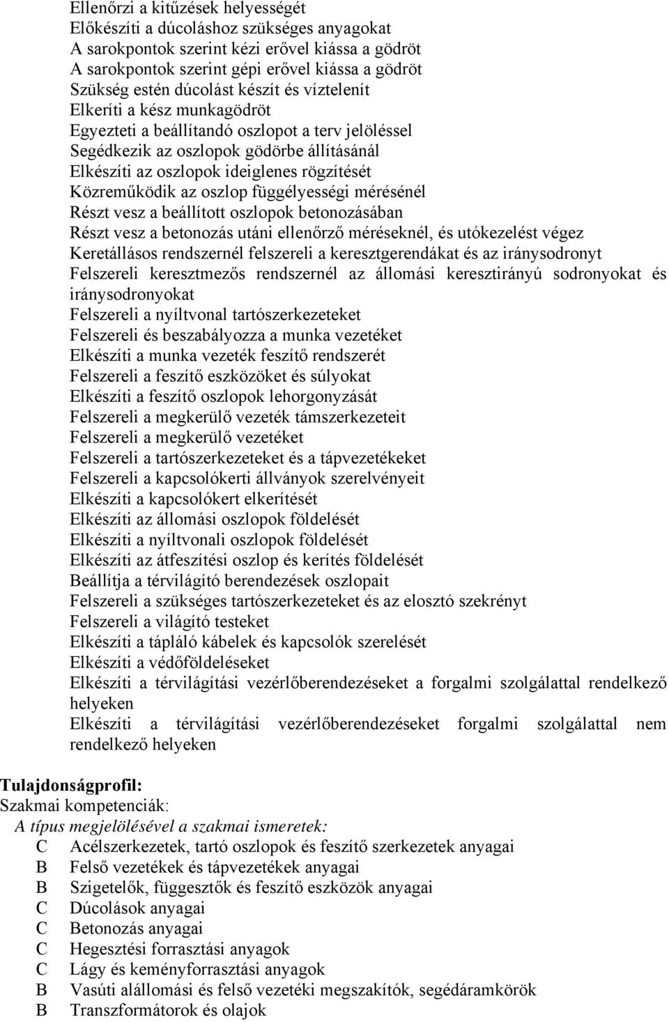 az oszlop függélyességi mérésénél Részt vesz a beállított oszlopok betonozásában Részt vesz a betonozás utáni ellenőrző méréseknél, és utókezelést végez Keretállásos rendszernél felszereli a