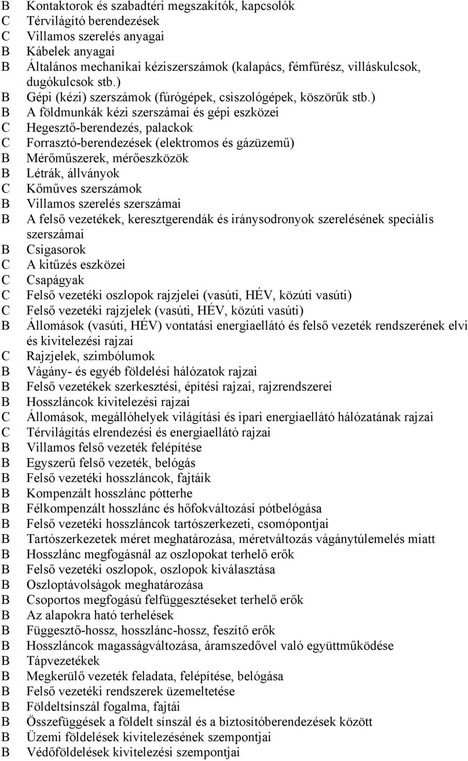 ) földmunkák kézi szerszámai és gépi eszközei Hegesztő-berendezés, palackok Forrasztó-berendezések (elektromos és gázüzemű) Mérőműszerek, mérőeszközök Létrák, állványok Kőműves szerszámok Villamos