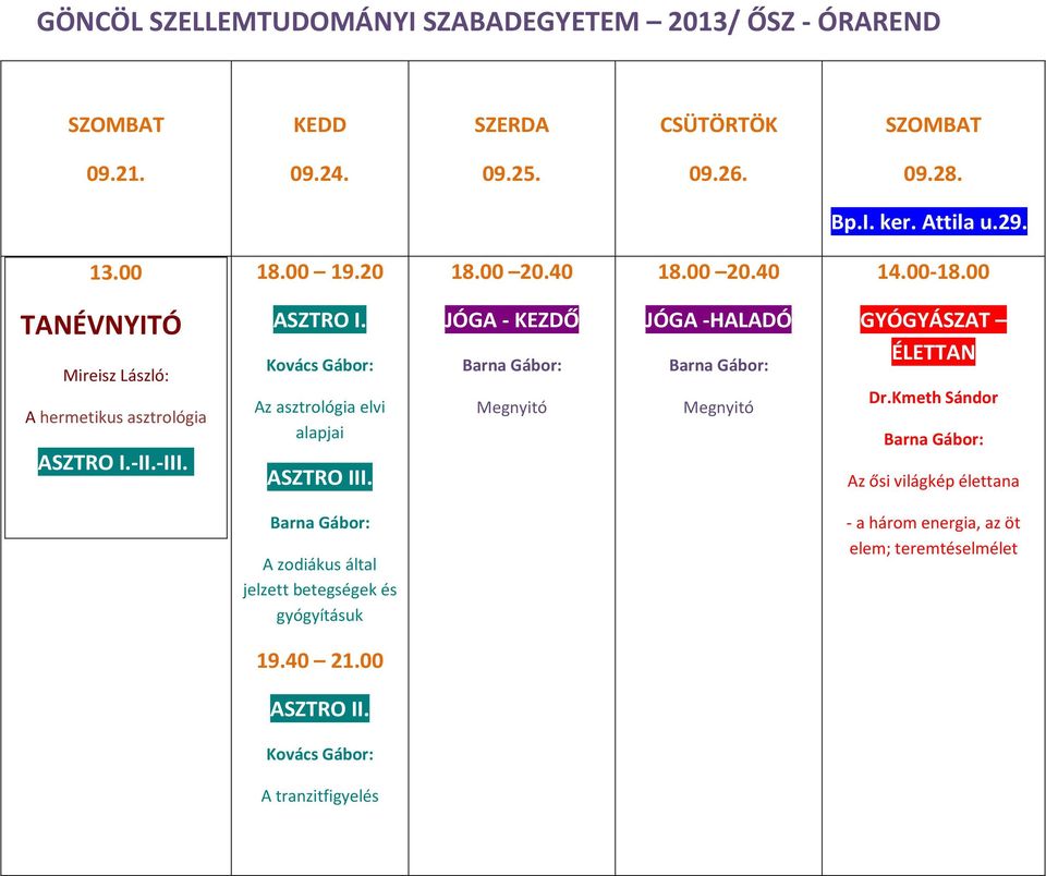 . Az asztrológia elvi alapjai Megnyitó JÓGA -HALADÓ Megnyitó GYÓGYÁSZAT ÉLETTAN Dr.