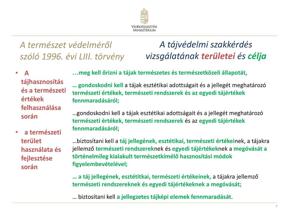 tájak természetes és természetközeli állapotát, gondoskodni kell a tájak esztétikai adottságait és a jellegét meghatározó természeti értékek, természeti rendszerek és az egyedi tájértékek