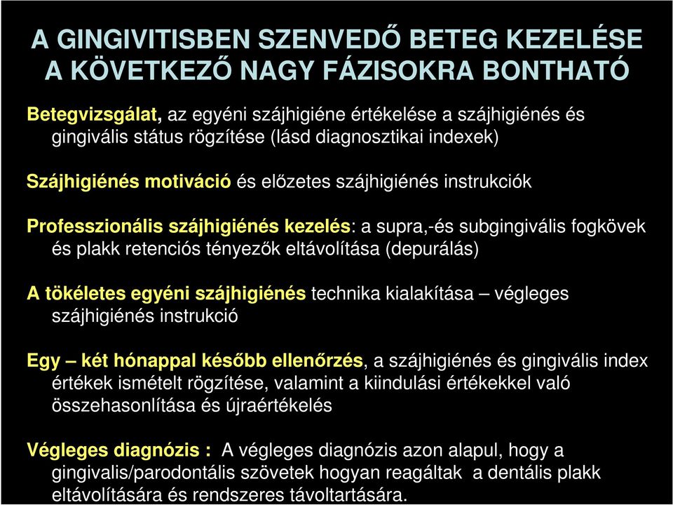 egyéni szájhigiénés technika kialakítása végleges szájhigiénés instrukció Egy két hónappal később ellenőrzés, a szájhigiénés és gingivális index értékek ismételt rögzítése, valamint a kiindulási