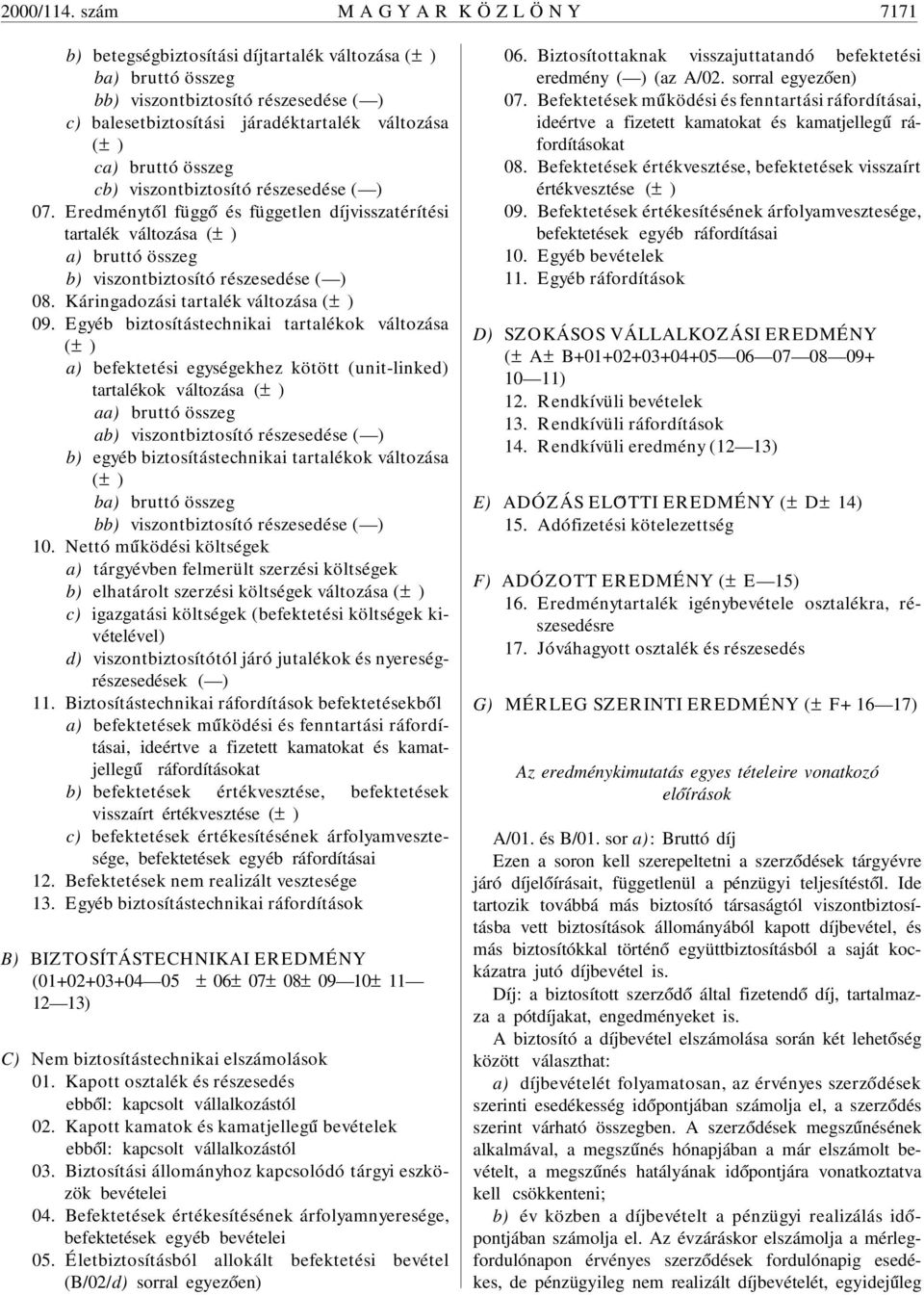 viszontbiztosító részesedése ( ) 07. Eredményt ól függ ó és független díjvisszatérítési tartalék változása (± ) b) viszontbiztosító részesedése ( ) 08. Káringadozási tartalék változása (± ) 09.