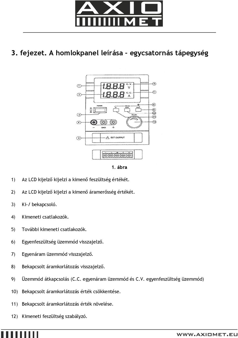 6) Egyenfeszültség üzemmód visszajelző. 7) Egyenáram üzemmód visszajelző. 8) Bekapcsolt áramkorlátozás visszajelző. 9) Üzemmód átkapcsolás (C.