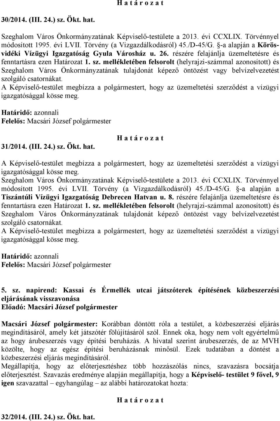 mellékletében felsorolt (helyrajzi-számmal azonosított) és Szeghalom Város Önkormányzatának tulajdonát képező öntözést vagy belvízelvezetést szolgáló csatornákat.