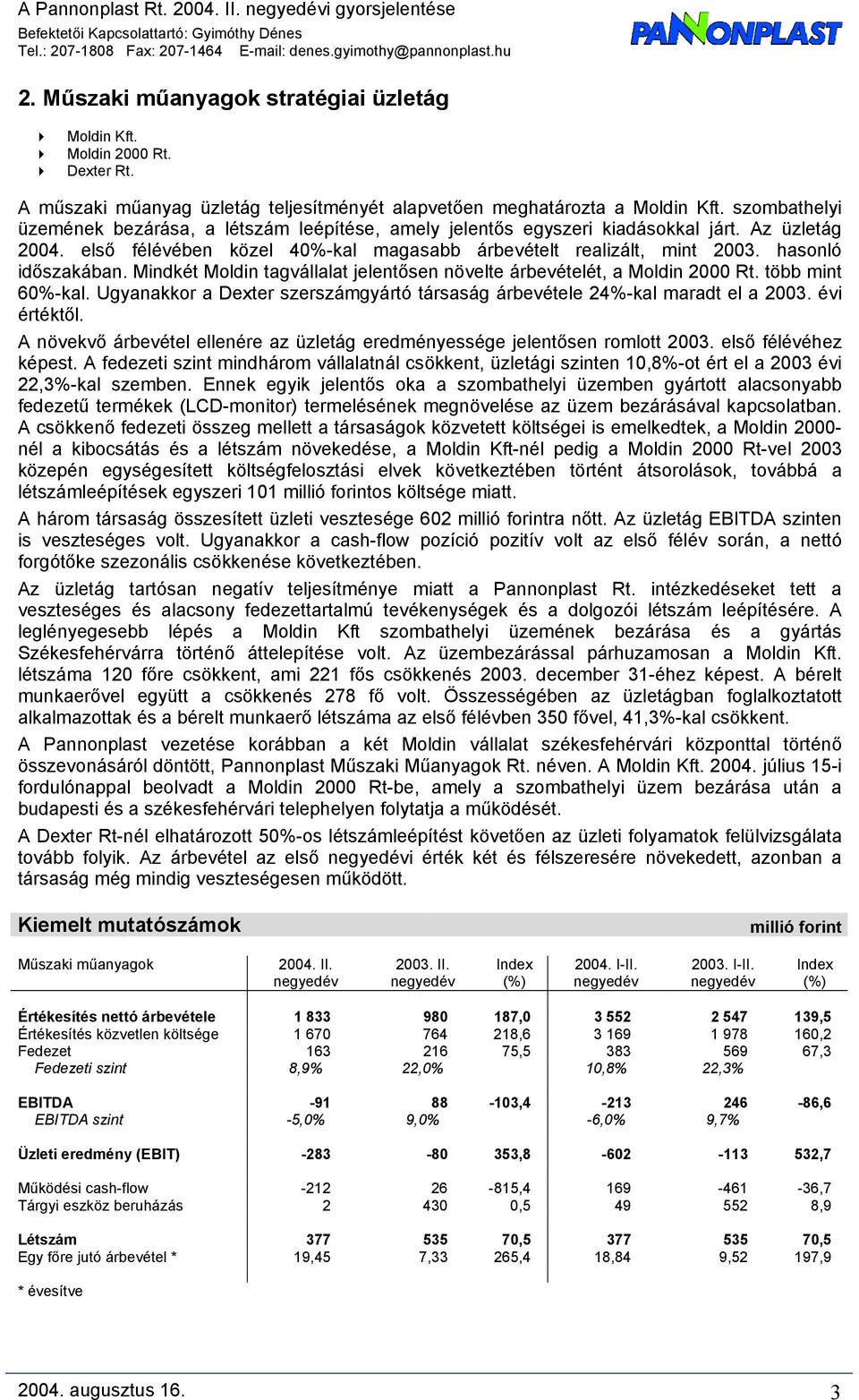 első félévében közel 40%-kal magasabb árbevételt realizált, mint 2003. hasonló időszakában. Mindkét Moldin tagvállalat jelentősen növelte árbevételét, a Moldin 2000 Rt. több mint 60%-kal.