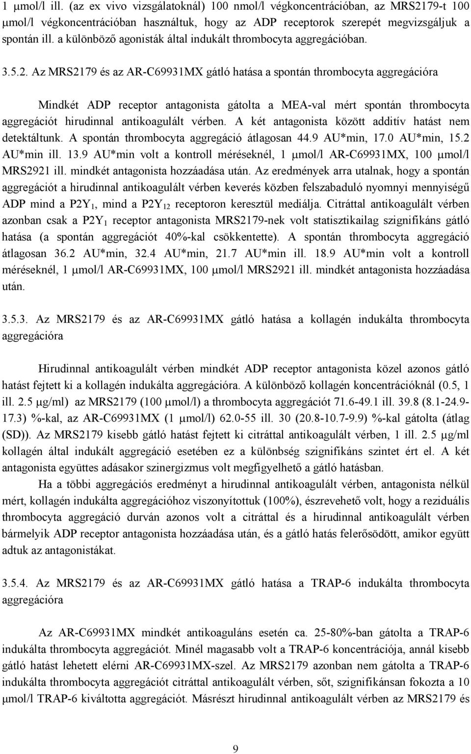 Az MRS2179 és az AR-C69931MX gátló hatása a spontán thrombocyta aggregációra Mindkét ADP receptor antagonista gátolta a MEA-val mért spontán thrombocyta aggregációt hirudinnal antikoagulált vérben.