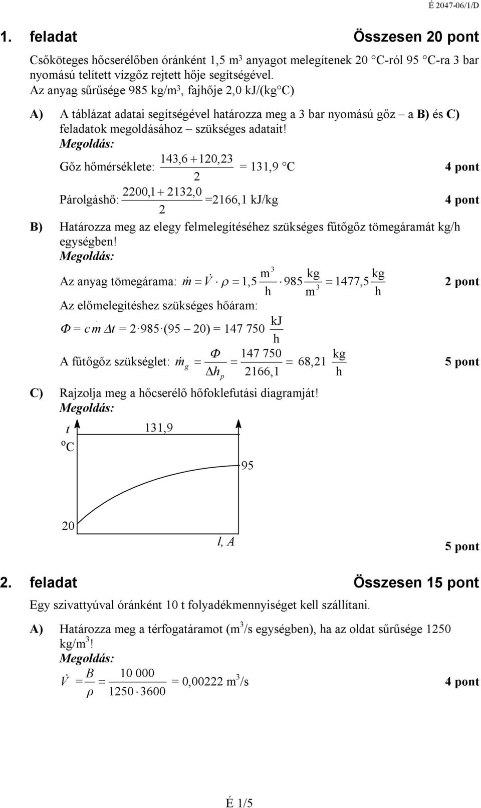 14,6 10, Gőz hőmérséklete: = 11,9 C 00,1 1,0 Párolgáshő: =166,1 kj/kg ) Határozza meg az elegy felmelegítéséhez szükséges fűtőgőz tömegáramát kg/h egységben!