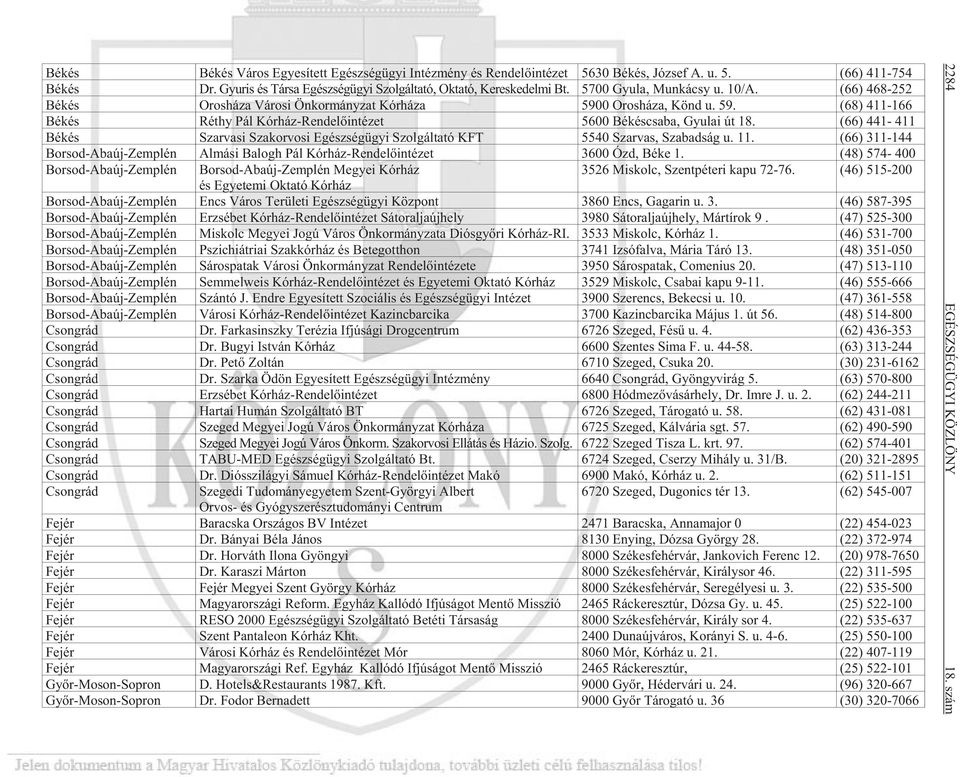0 Oros há za, Könd u. 59. (68) 411-166 Bé kés Rét hy Pál Kór ház-ren de lõ in té zet 5600 Bé kés csa ba, Gyu lai út 18.