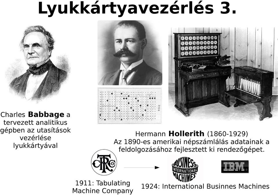 lyukkártyával Hermann Hollerith (1860-1929) Az 1890-es amerikai