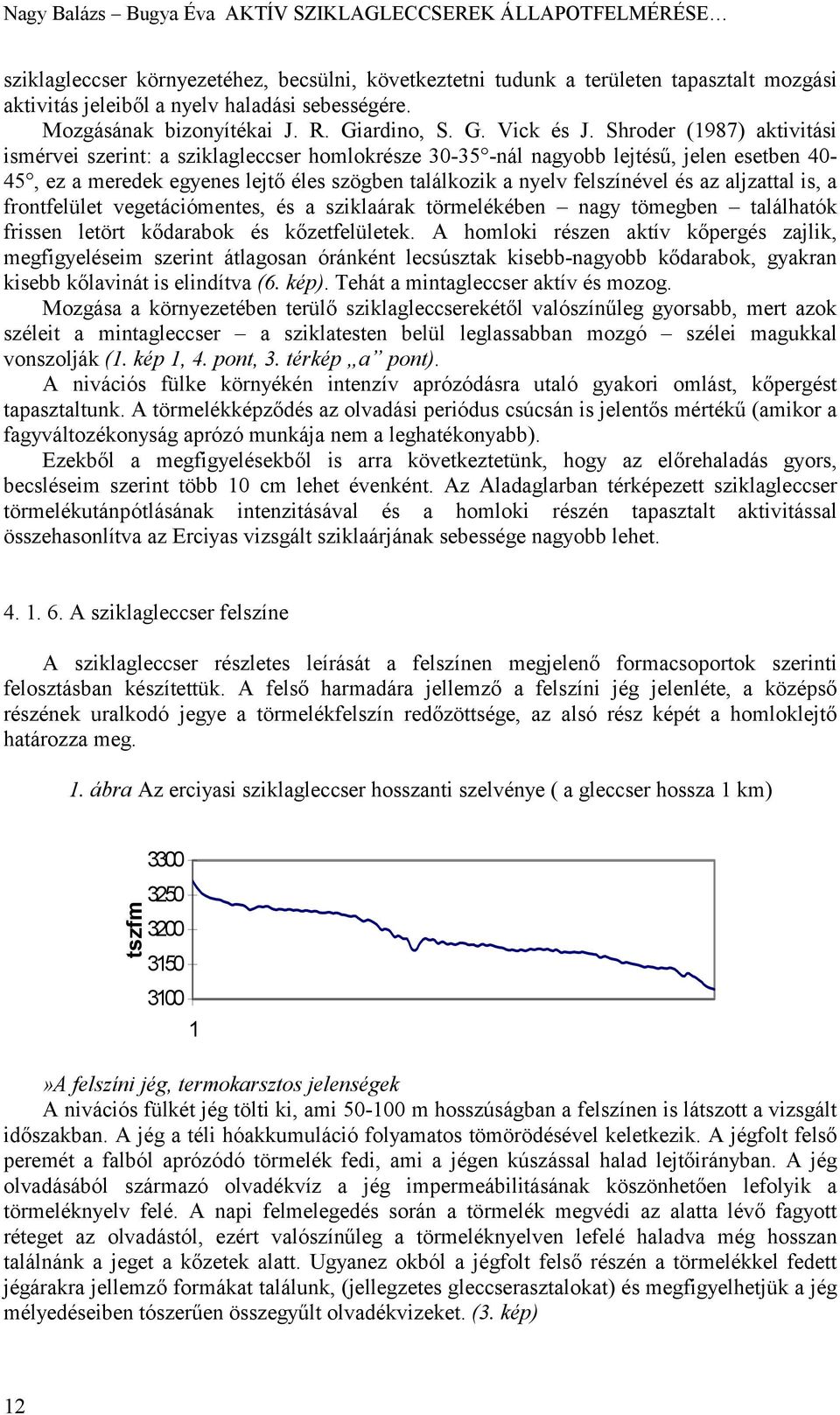 Shroder (1987) aktivitási ismérvei szerint: a sziklagleccser homlokrésze 3-35 -nál nagyobb lejtésű, jelen esetben 4-45, ez a meredek egyenes lejtő éles szögben találkozik a nyelv felszínével és az