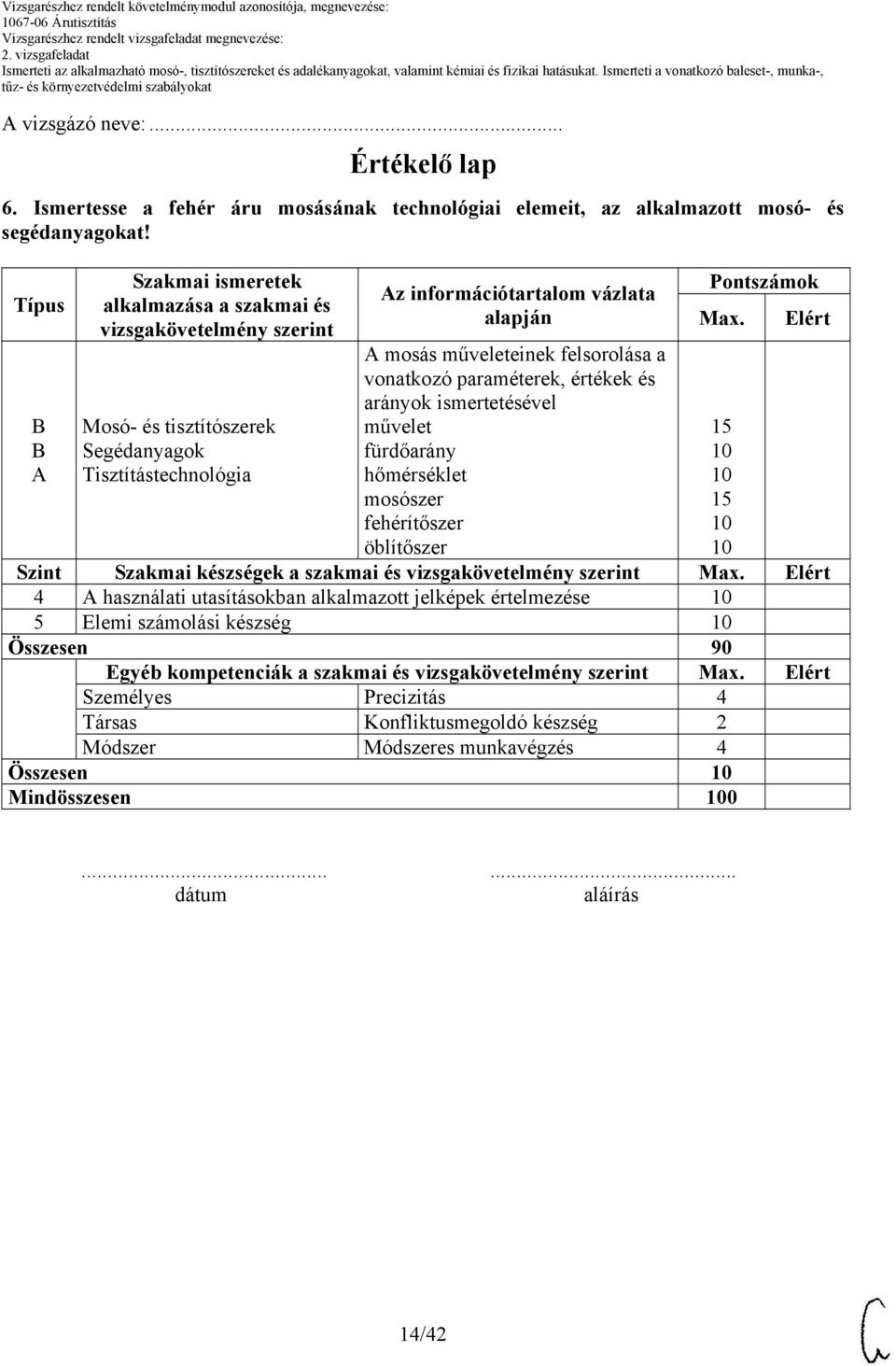 paraméterek, értékek és arányok ismertetésével művelet fürdőarány hőmérséklet mosószer fehérítőszer öblítőszer Pontszámok Max. Elért Szint Szakmai készségek a szakmai és vizsgakövetelmény szerint Max.