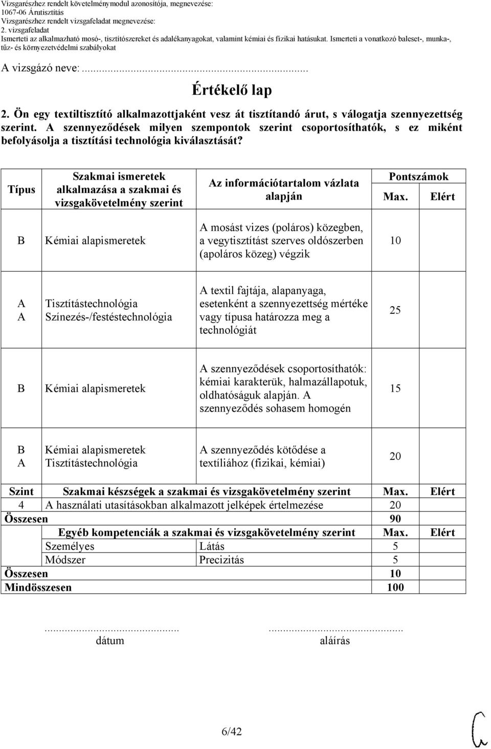 Típus Szakmai ismeretek alkalmazása a szakmai és vizsgakövetelmény szerint z információtartalom vázlata alapján Pontszámok Max.