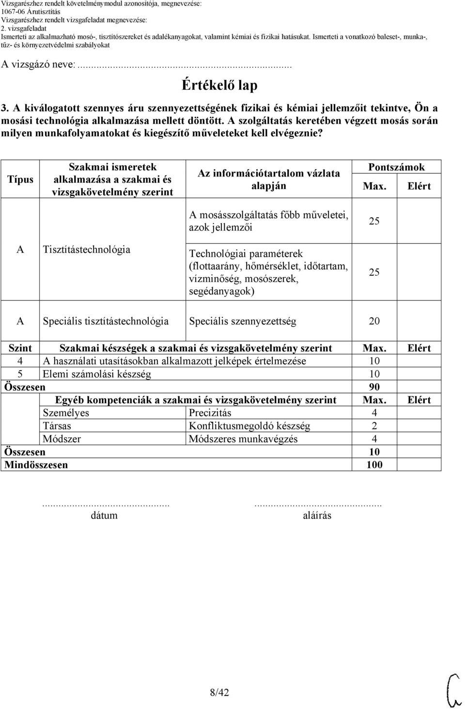 Típus Szakmai ismeretek alkalmazása a szakmai és vizsgakövetelmény szerint z információtartalom vázlata alapján Pontszámok Max.