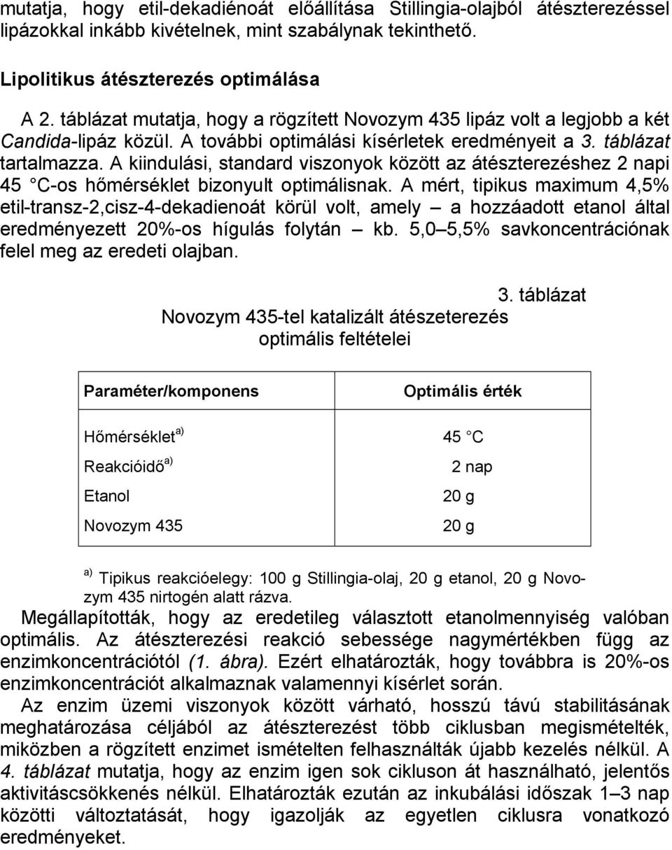 A kiindulási, standard viszonyok között az átészterezéshez napi 5 C-os hőmérséklet bizonyult optimálisnak.